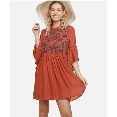 Vestido Umgee Boho Bliss Naranja Bordado Manga Campana Boho Festival Talla XL NUEVO CON ETIQUETAS Foto 1 de 4