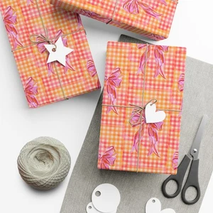 Pink Bow Wrapping Paper Orange Gingham Retro Gift Wrap Cottagecore Present - Picture 1 of 25