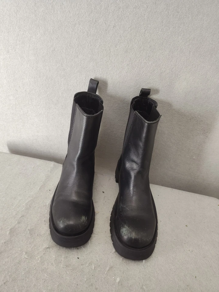 Zara Boots Womens 7.5 Black Pull On Chelsea Lug Sole Leather Comfort Ankle Shoes - Image 1 of 4