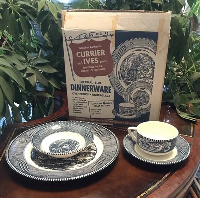 MARSHAL BURNS INC. Currier And Ives Imperial Blue Dinnerware 4 Piece Set By Marshall Burns NOS