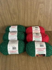 Caron Christmas Glitter Yarn Lot Of 6 Skeins Vintage Red & Green NOS - Picture 1 of 5