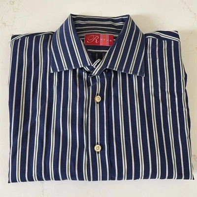 Rufus Navy, White, & Green Vertical Stripe Buttondown Dress shirt - Image 1 of 4