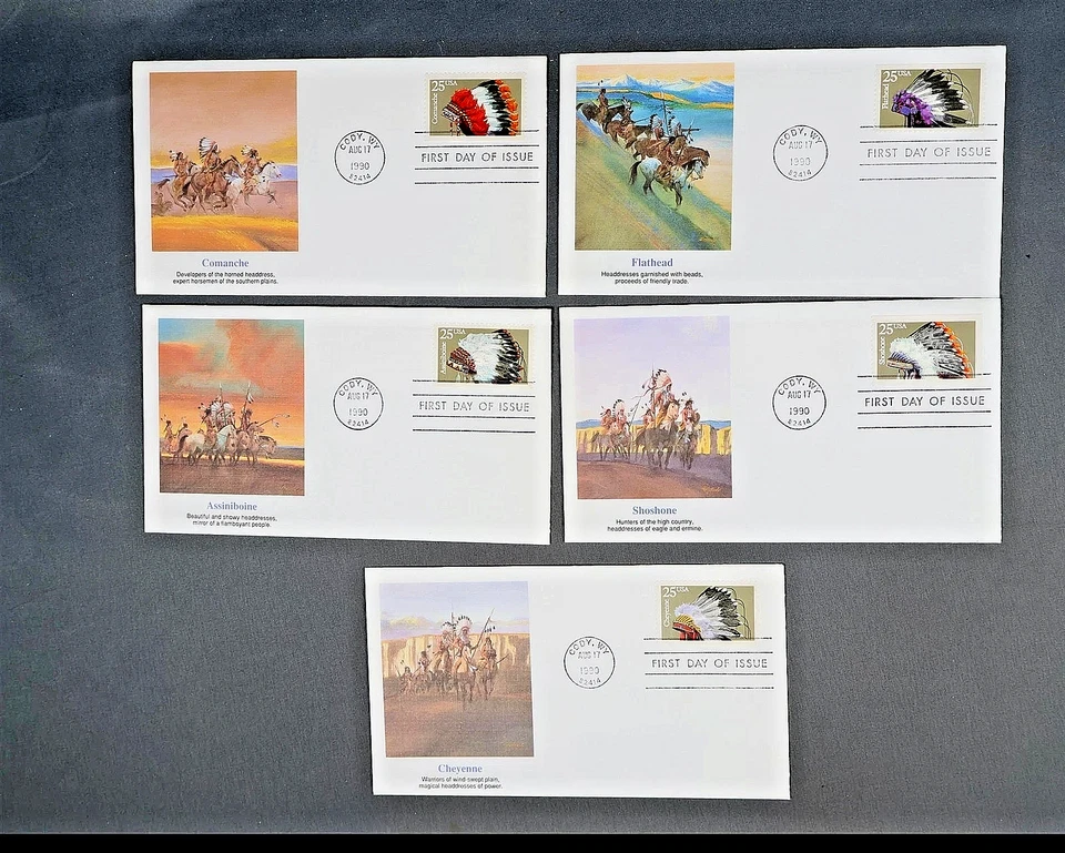 MINT INDIAN US FDC 1990 Wyoming Scott 2501-2505 Unsealed Native American Headd - Image 1 of 2