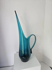 Vintage MCM Wikinger Glas geschwungen gespannter Krug 16" aquablau frühes Bluenique - Bild 1 von 9