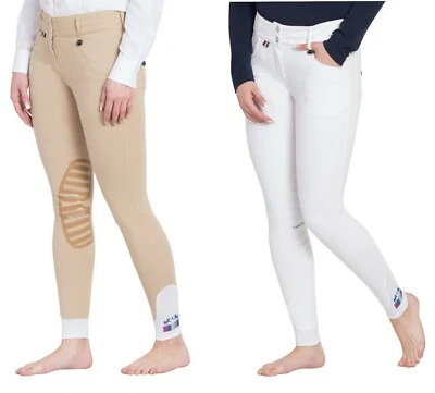 Calças femininas Equine Couture Sophie silicone joelho equitação branco, azul bronzeado - Imagem 1 de 3