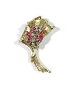 Vintage Gold Tone Pink Red & Blue Rhinestone Flower Bouquet Brooch Pin - Picture 1 of 4
