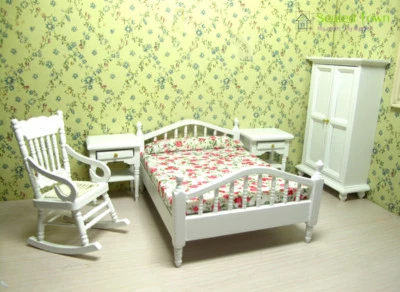 5 Dollhouse Miniature Bedroom Furniture Set Bed Wardrobe Rocker Chair Table 1:12 - Image 1 of 4