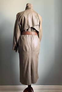 VINTAGE LONG LEATHER TRENCH COAT 10 12 maxi steampunk taupe military goth duster