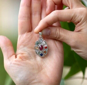 Tiny 925 Sterling Silver Natural Multi Color Navagraha 9 Planet Gemstone Pendant - Picture 1 of 8