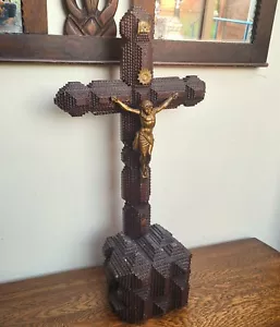 Arte de vagabundo antiguo grande decoración de altar crucifijo, arte popular, religioso hecho a mano - Imagen 1 de 12