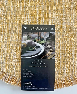 "Juego de 6 manteles individuales con flecos Tribeca 15"" redondos de PVC de oro amarillo de fácil cuidado verano" Foto 1 de 4