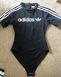 Adidas Women’s Black 3 stripe Short Sleeve bodysuit Size UK 6 (XS) Black/White - Picture 1 of 7