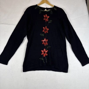 NWT Karen Scott Black Red Green Sequin Poinsettia Christmas Holiday Sweater M - Picture 1 of 7
