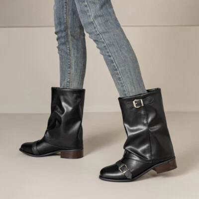 Botas vaqueras occidentales retro para mujer de media pantorrilla con hebilla tacón bajo talla grande Foto 1 de 4