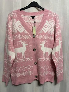 -768 Boohoo Sz L 14-16 Pink&White FairIsle Knit Xmas Cardigan NWT - Picture 1 of 3