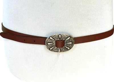 Polo Ralph Lauren Concha Cinturón Tono Plateado Medallón Cuero Marrón Ajustado Grabado L Foto 1 de 4