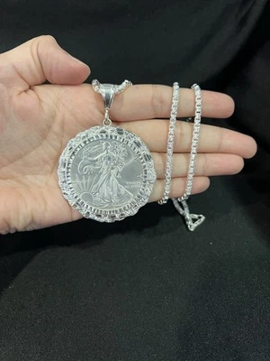 925 СТЕРЛИНГОВОГО СЕРЕБРА безель американский орел 1 унция монета самородок CENTENARIO и коробка цепочка - Изображение 1 из 4