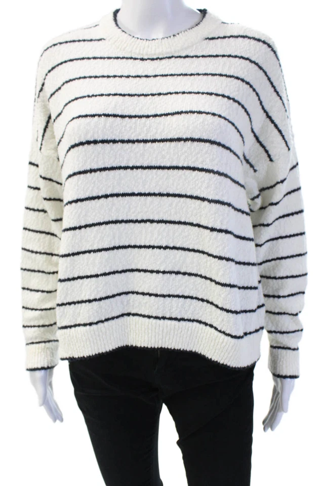 Cotton By Autumn Cashmere Unisex White Crewneck Striped Pullover Size M - Image 1 of 4