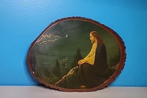 Vintage 1970's Christ On Mt Olive Wood Slab Glazed Print Made In USA 14 X 10.5" - Picture 1 of 3