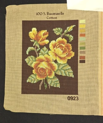 VTG 1970s GERMAN NEEDLEPOINT YELLOW ROSES ON BROWN 14" PETIT POINT 1:10 CANVAS - Image 1 of 4