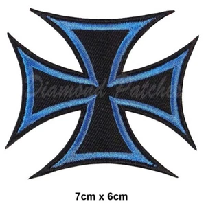 Blue knight cross embroidery patch iron sew on goth fashion badge biker - Picture 1 of 3