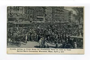 Worcester MA Postkarte, Menge wartet auf Präsidentenparty, Trolleys, Wimpelkette - Bild 1 von 2