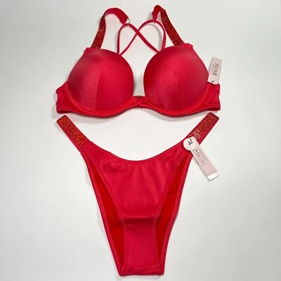 Victoria Secret 38DD XL Bombshell Push Up Top Cheeky Bikini Set Shine Strap Pink - Image 1 of 4