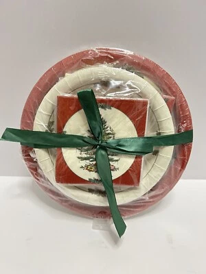 56 pcs! SPODE Christmas Tree Paper Coated Dinner, Dessert Plates & Napkins - NEW - Image 1 of 4