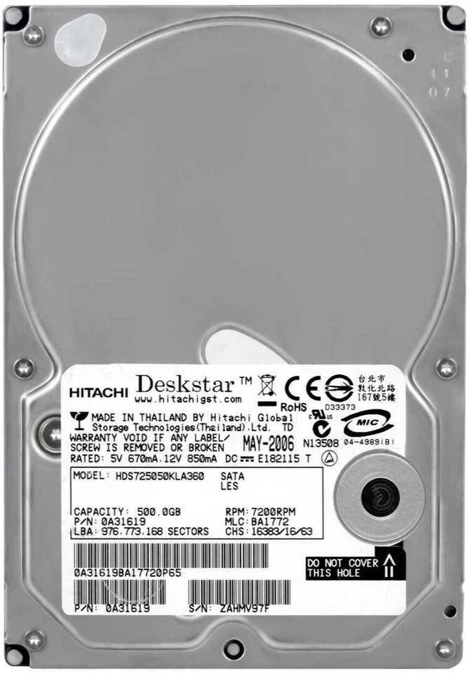 Hitachi Deskstar E7K500 HDS725050KLA360 500GB 7200U/Min 16MB SATA II 3.5 " Zoll - Immagine 1 di 3