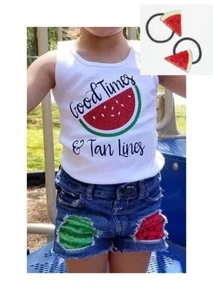 NWT Girls Watermelon Denim Jean Shorts Tank Ponytail Holders 4 5 6 NEW - Picture 1 of 4