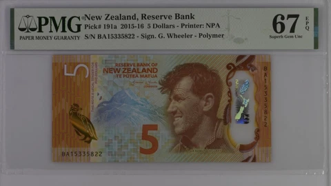 New Zealand 5 Dollars 2015 P 191 a Superb GEM UNC PMG 67 EPQ Cover