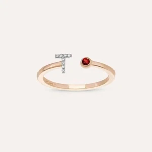 10K Rose Gold With 0.22TCW Simulated Ruby & Moissanite Initial Letter Open Ring - Picture 1 of 4