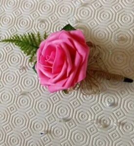 1 x Hot/Fushia Pink Rose Buttonhole Corsage Rustic Wedding Flowers Twine Stems 