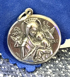 Vtg. Mary w/Child & St. John Neumann 1" Silver tone Round Pendant/Medal ~ ITALY - Picture 1 of 6
