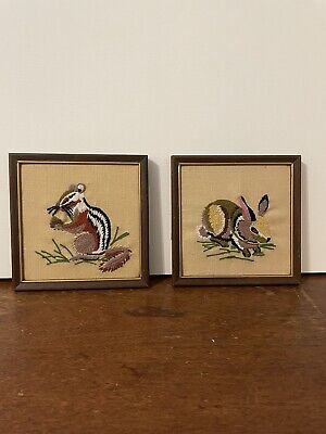 Pair Of Vintage Crewel Cross-stitch Animals,  Framed, Rabbit And Chipmunk 1970’s • 31.69€