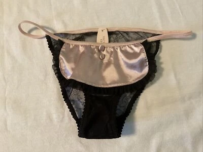 Victoria’s Secret String Bikini Panties Black Lace & Pink Satin Apron Size M NWT - Image 1 of 4
