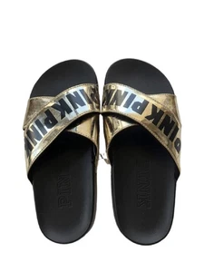 Victoria's Secret Pink Crisscross Strap Slides Sandals Gold Logo Size Small NWT - Picture 1 of 3