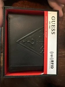 NEW Guess Men's Bifold Leather Wallet RFID Protection Black Guess Logo On Front - Picture 1 of 2