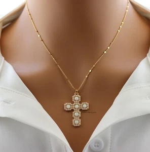 Halskette mit Kreuzanhänger 14 Karat vergoldet Opal und Perle - Bild 1 von 1