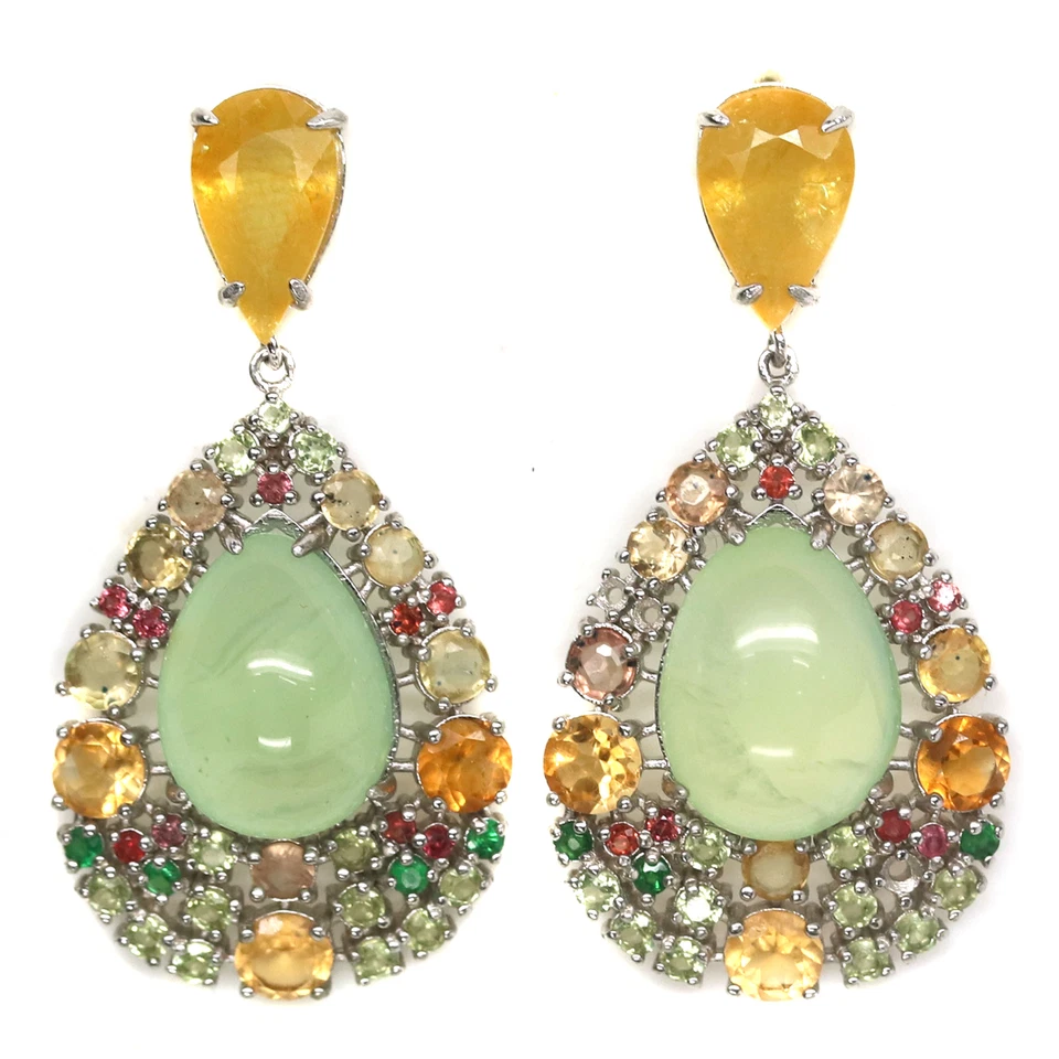 Gmestone 12 X 15 mm Green-Prehnite Sapphire Peridot Diopside Earrings 925 Silver - Image 1 of 4