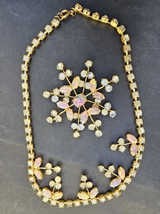 Vintage 1950s Rhinestone Necklace & Brooch Diamante Gold Tone Opaline Crystal - Bild 1 von 9