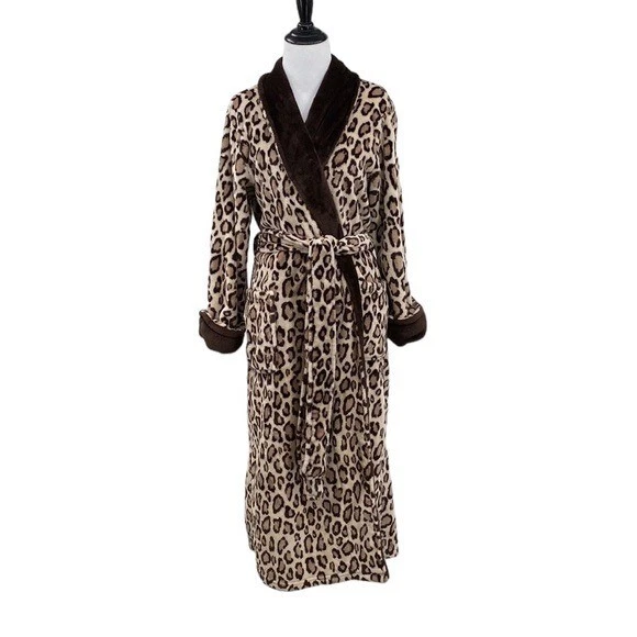 Bata larga envolvente N Natori para mujer talla grande marrón crema estampado animal leopardo proxeneta Foto 1 de 4