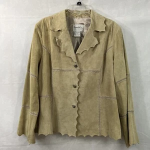 Chaqueta Blazer Pamela McCoy Mujer Cuero Gamuza Tostado Beige Bordes Festoneados Talla L - Imagen 1 de 7