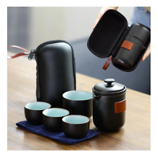 Black Portable Ceramic Tea Set Travel Bag Teapot Infuser Four Tea Cups Office