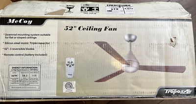 McCoy 52" Ceiling Fan Satin Steel Three Blade Sleek and Modern (OB) - Image 1 of 4