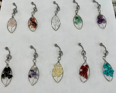 Tree of Life Energy Healing Natural Crystal Gemstone Dangle Belly Button Ring - Image 1 of 4