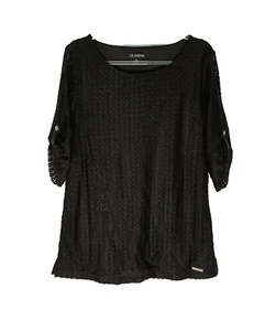 Liz Jordan Black Lace Blouse Top Size M 3/4 Roll Sleeve Lined Delicate - Picture 1 of 9