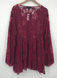 Babydoll Lane Bryant bordado malla transparente top vino mujer 22/24 nuevo con etiquetas campana floral - Imagen 1 de 13
