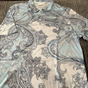 Golf Shirt Mens XL Polo Hawaiian Shirt White Paisley Floral Print Blue Casual - Picture 1 of 9