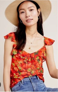 Blusa/top con volantes y estampado de fresa Anthropologie talla 6~ elegante - Imagen 1 de 12